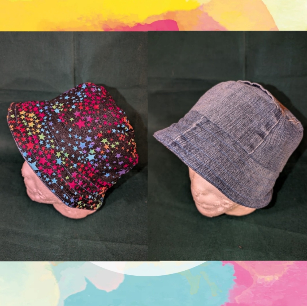 Reversible Blue Denim / Multi Colored Bucket Hat